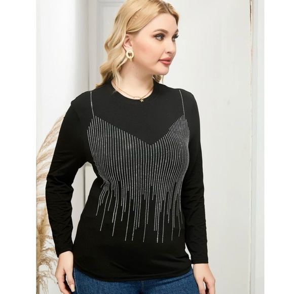 Y2K Luxe Rhinestone Plus Long Sleeve Black Top Size 2XL - Picture 3 of 7